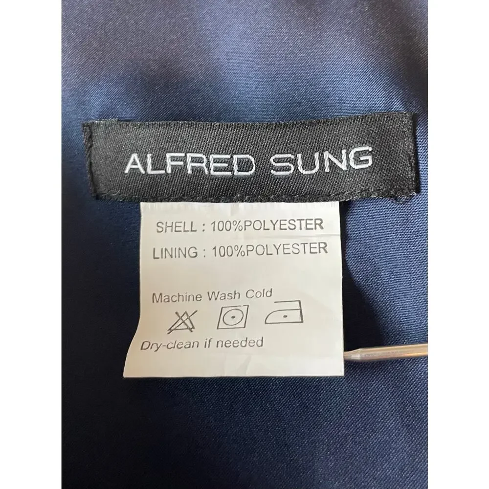 Alfred Sung NWT Gown Maxi Dress Sz 16 Satin V-Neck Pockets D778 Midnight Blue - Picture 3 of 12